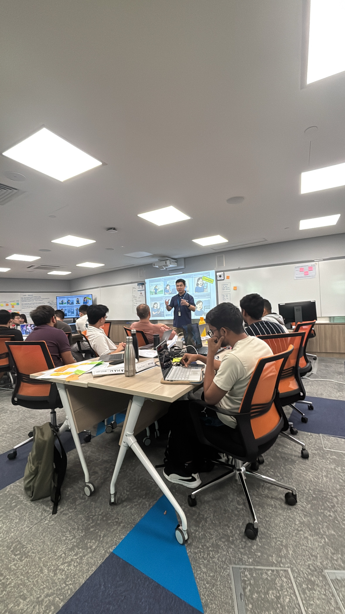 Classroom setup during the design thinking session. Whiteboards covered with sticky notes, teams collaborating around tables, and faculty member Scott Si facilitating the session. This shows the collaborative, hands-on approach we took to product strategy.